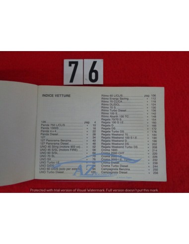 Manuale dati caratteristici vetture Fiat 1986